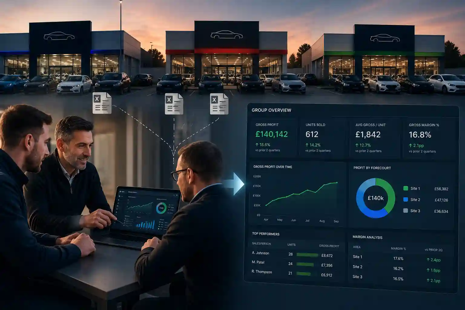 Dealer group reviewing a unified car sales reporting dashboard