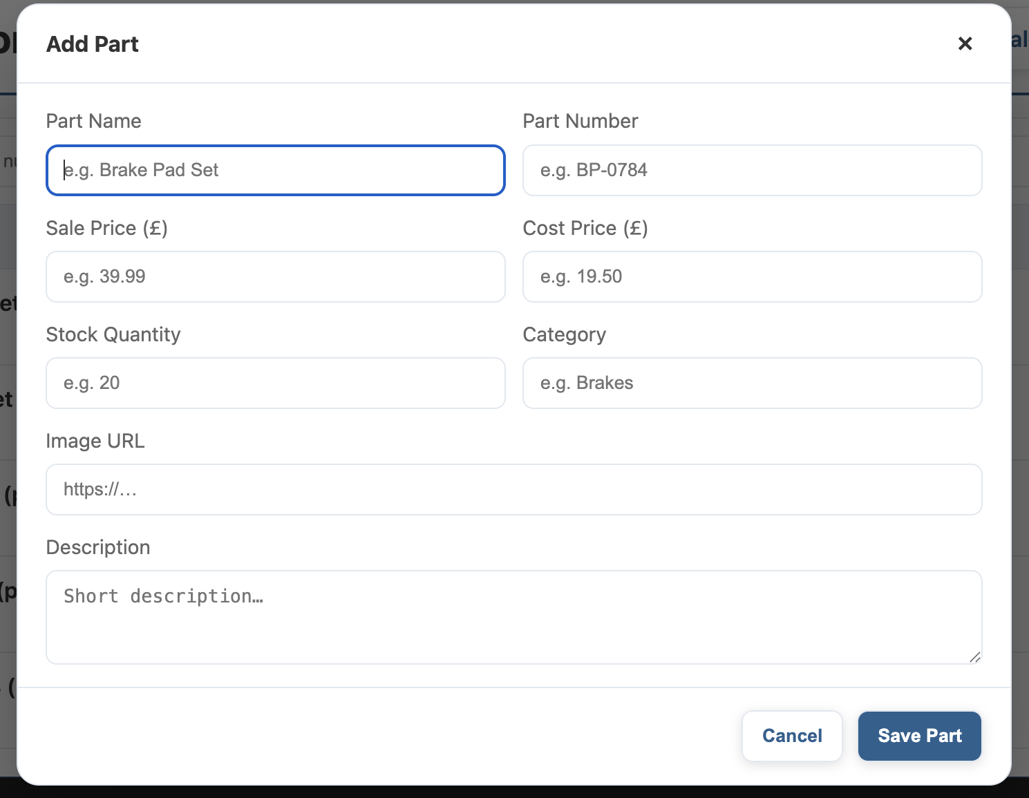 My Garage CRM add part screen — quick form to add a new part with sale price, cost price, stock quantity and category