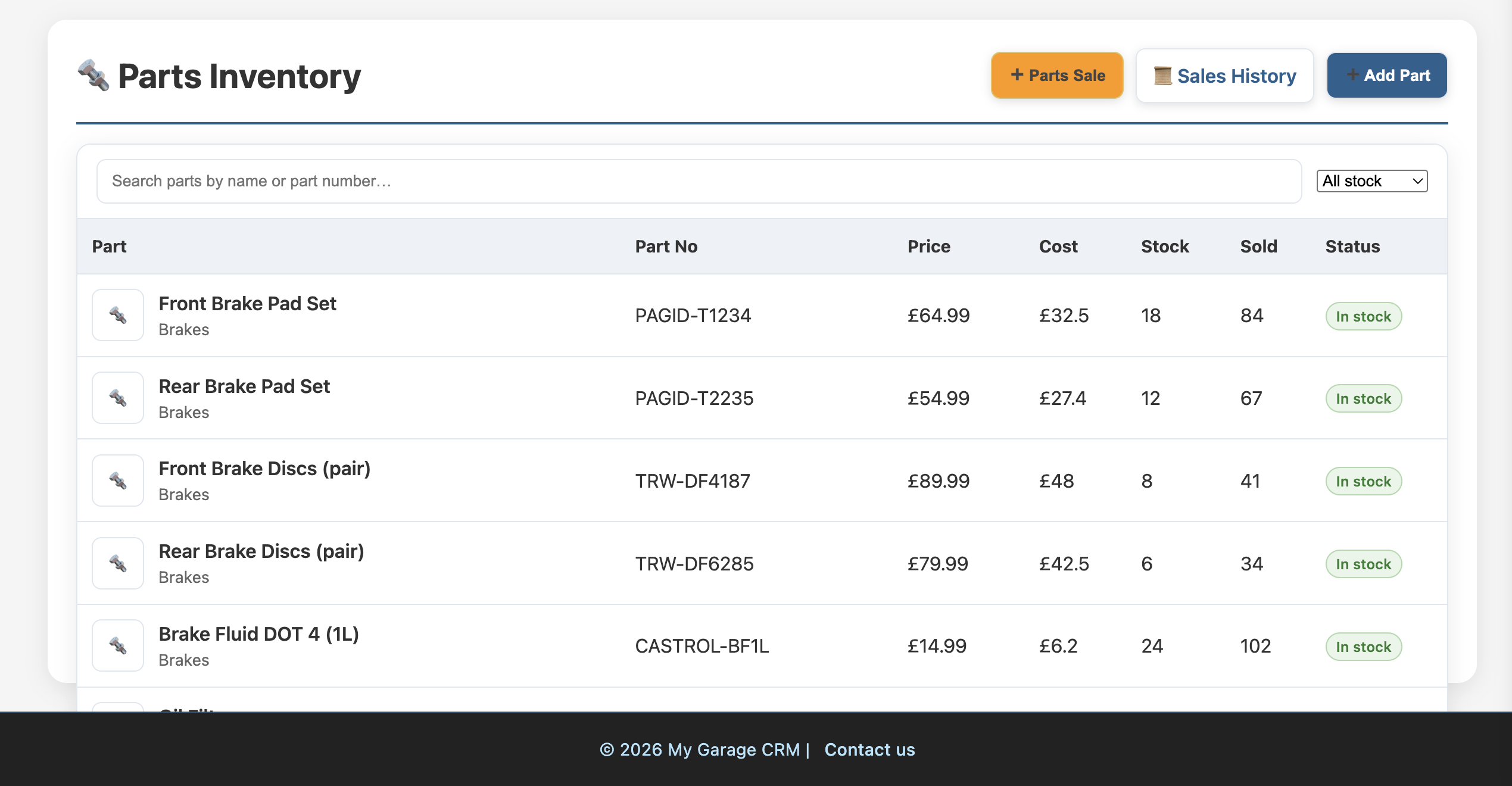 My Garage CRM parts inventory list — searchable parts catalogue with live stock levels, prices and stock-status badges