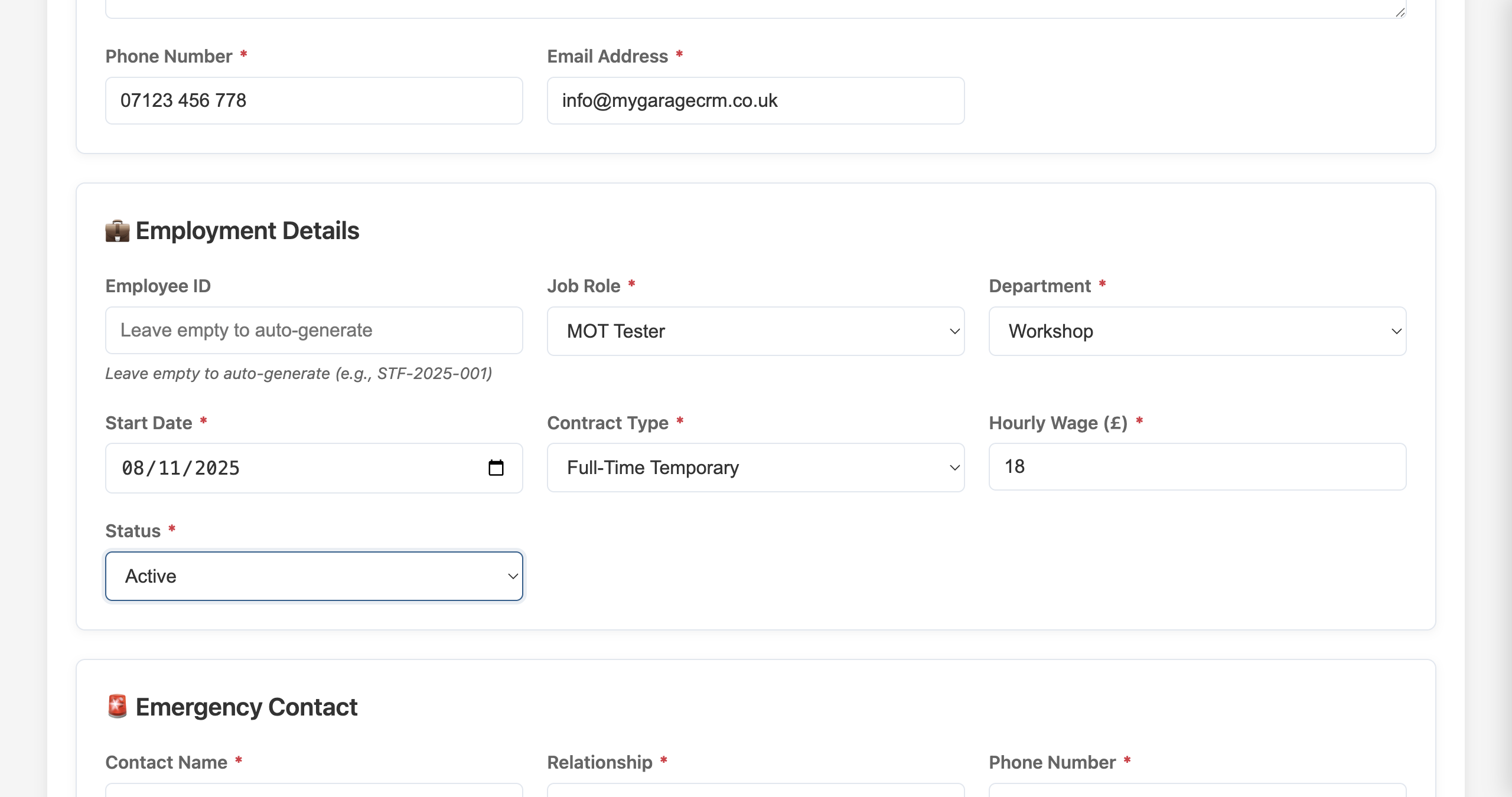 Employment Details Form - Job Role and Department