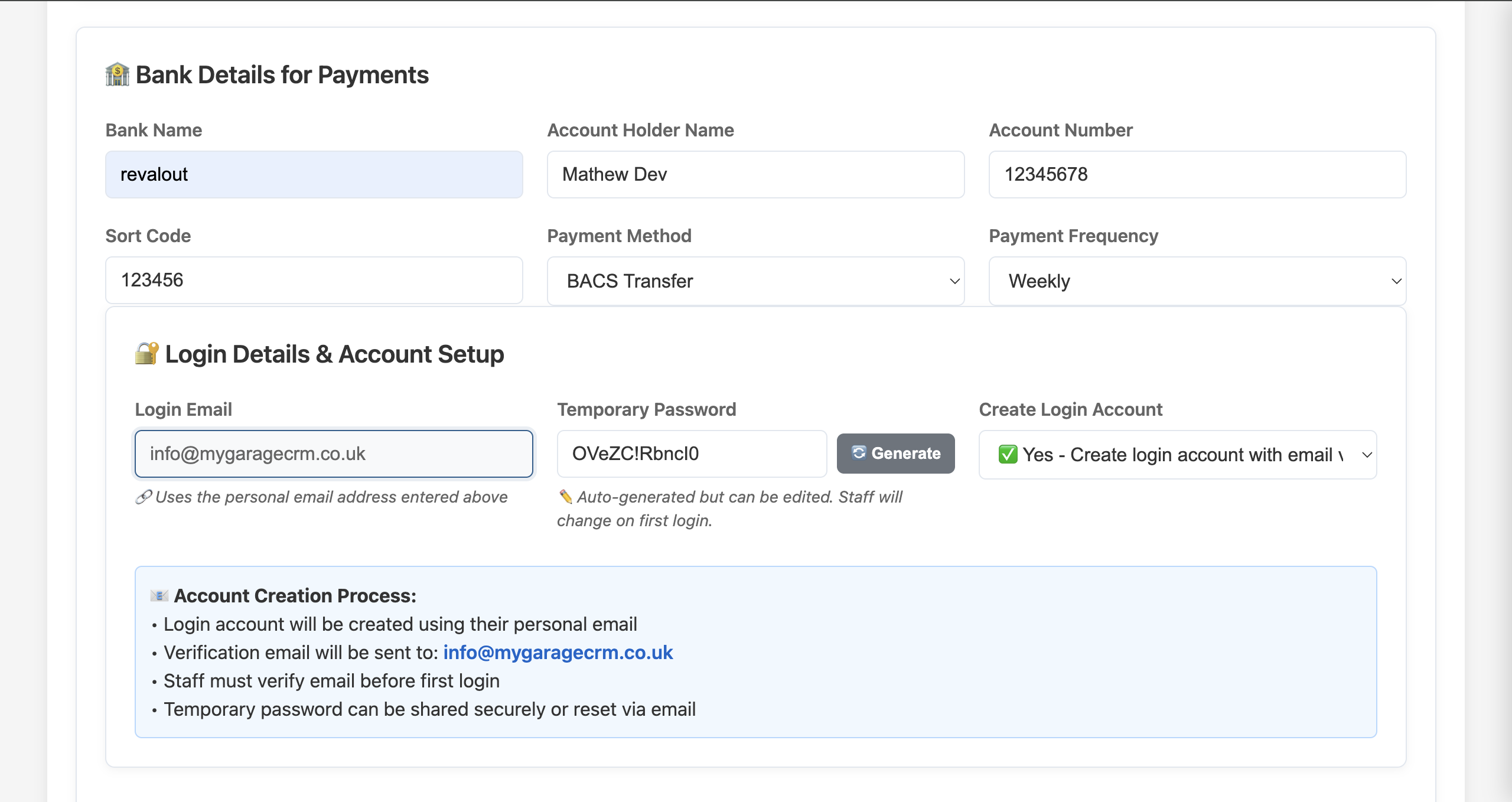 Bank Details and Login Account Setup