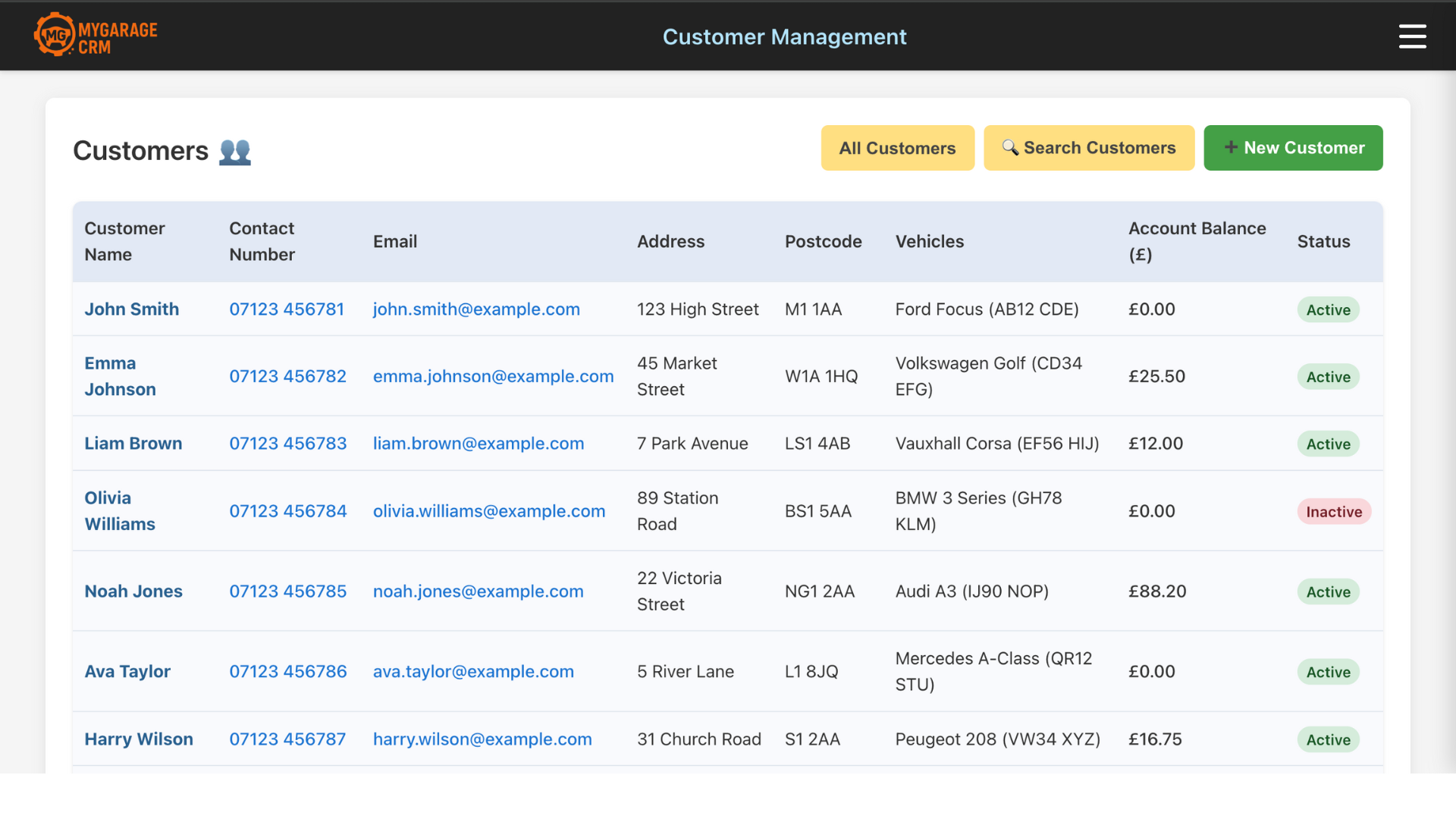 Customer Dashboard — All Customers (My Garage CRM)