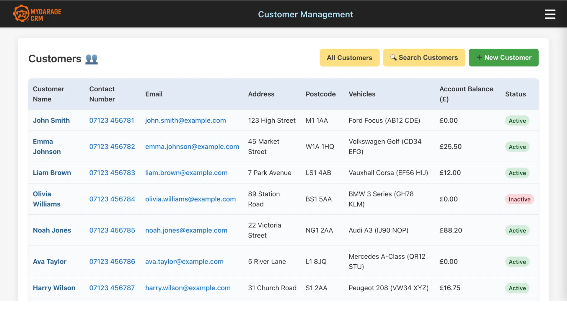 My Garage CRM customer list view