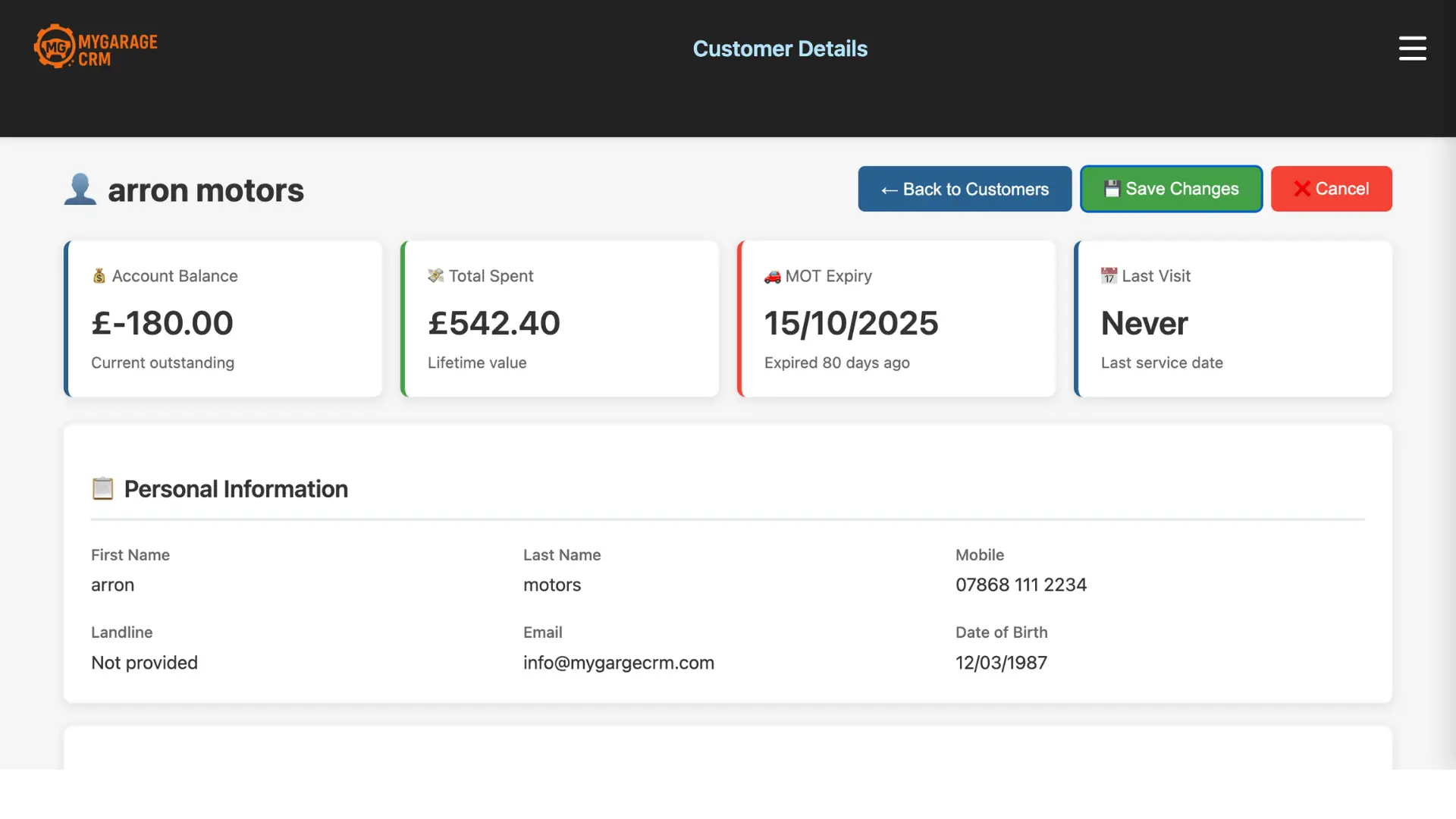 My Garage CRM customer profile with full vehicle history