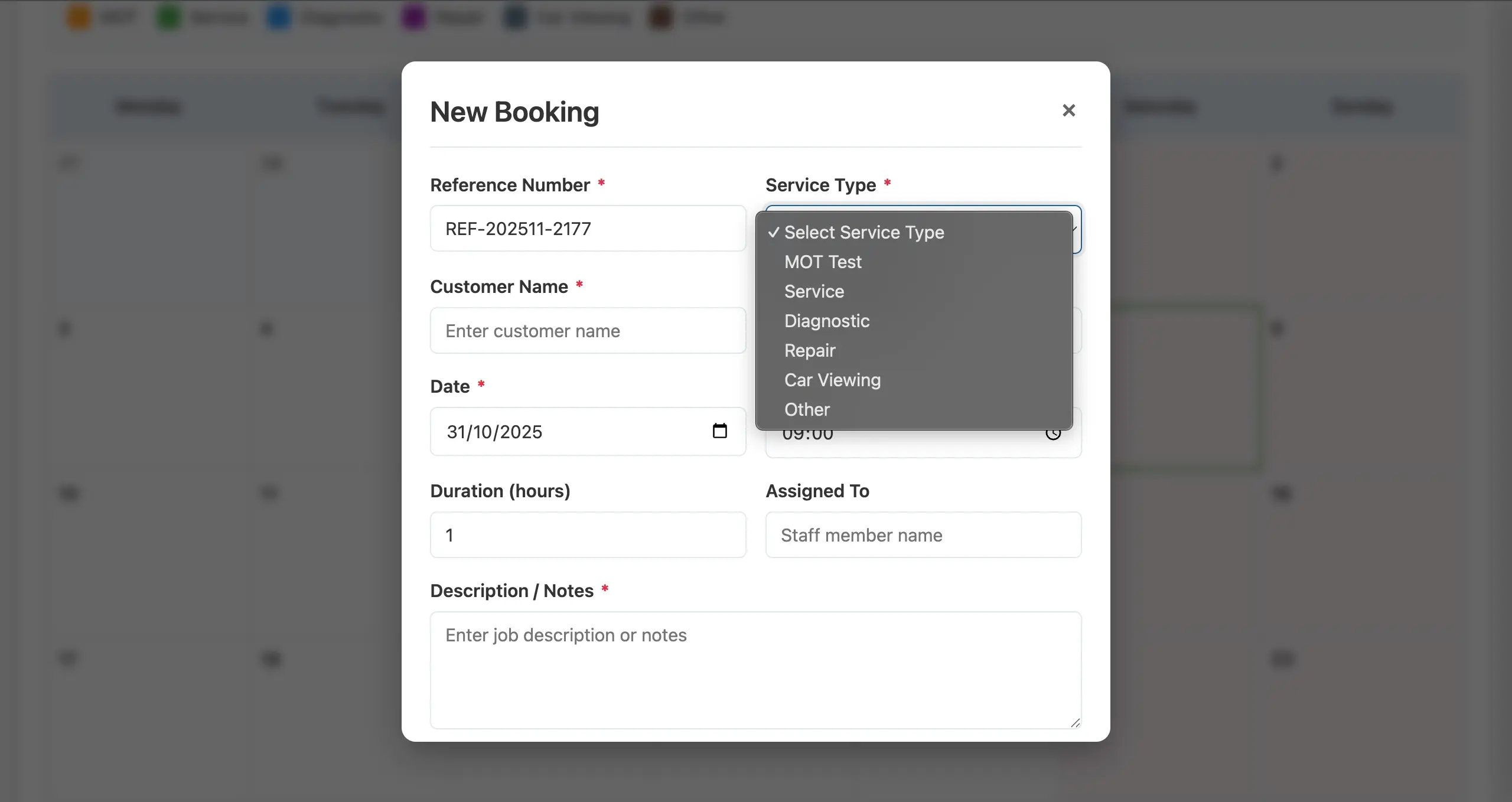 Adding a new booking and choosing a service type in MyGarageCRM