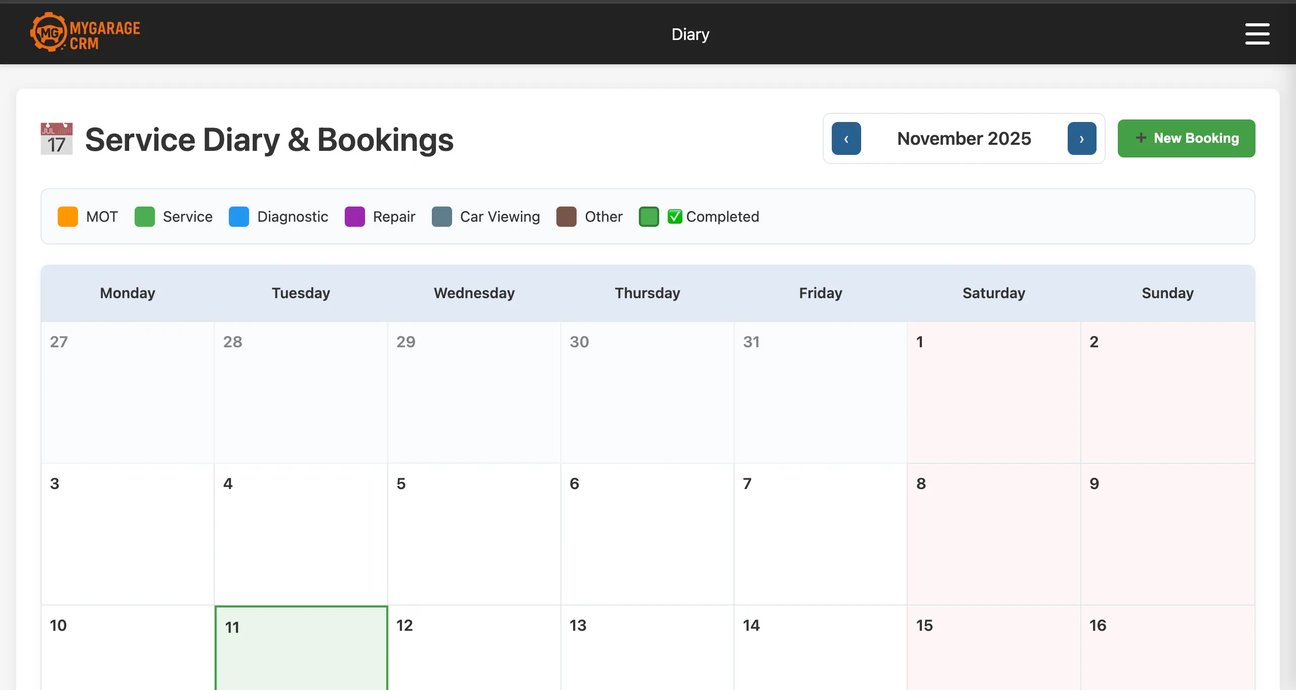 MyGarageCRM diary view showing the workshop schedule by technician and ramp