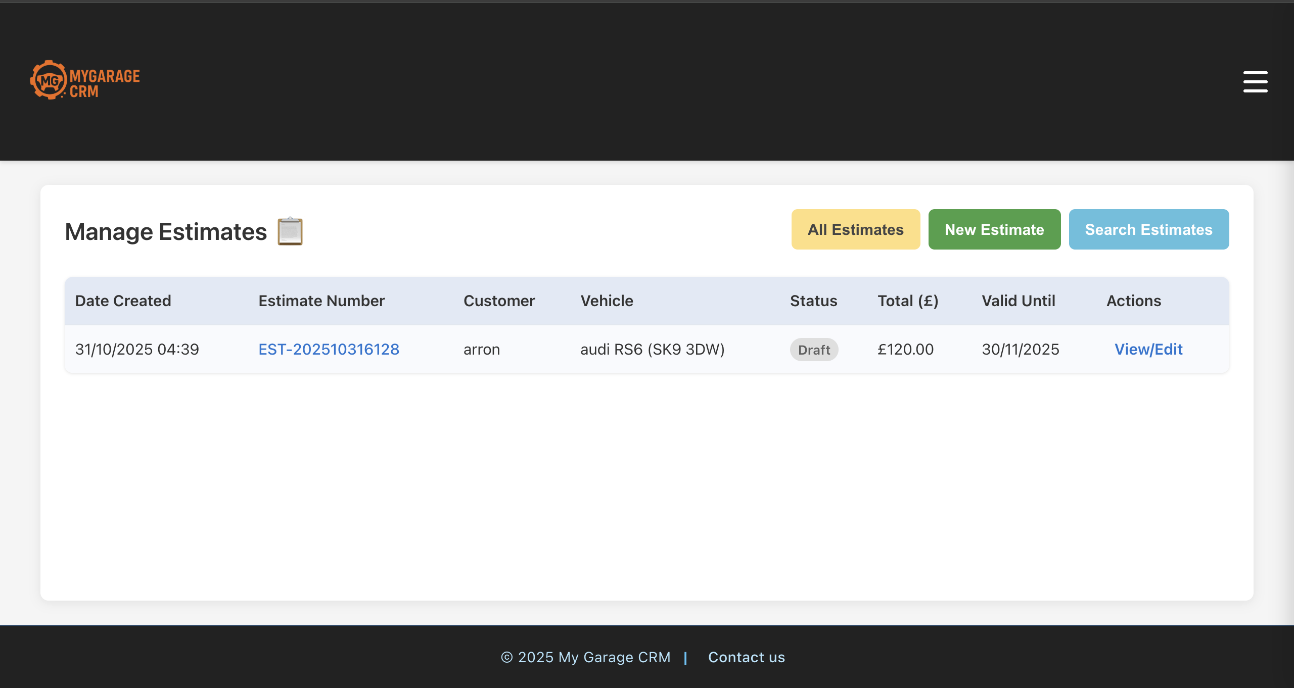 My Garage CRM estimates list