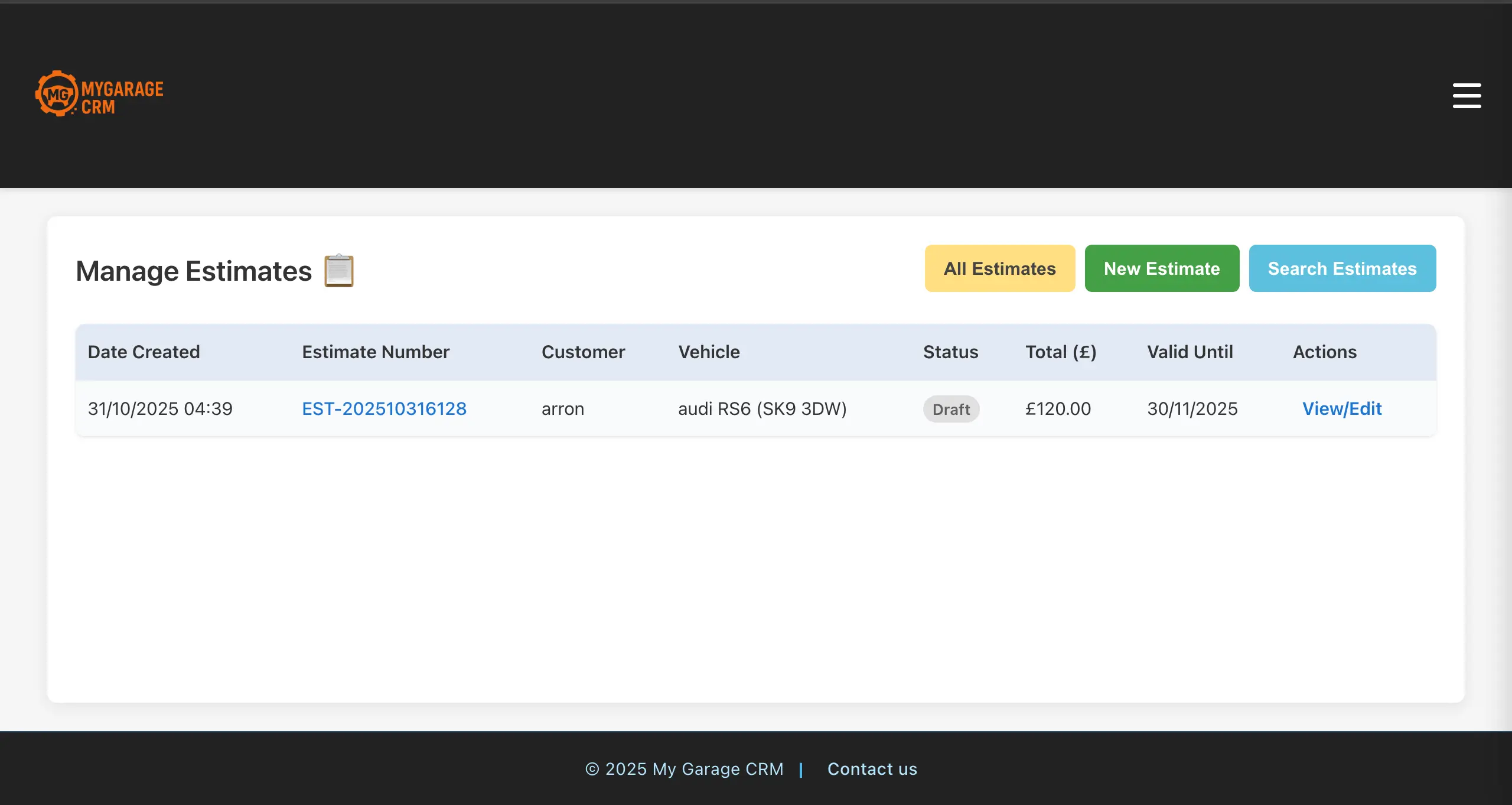 My Garage CRM estimates list