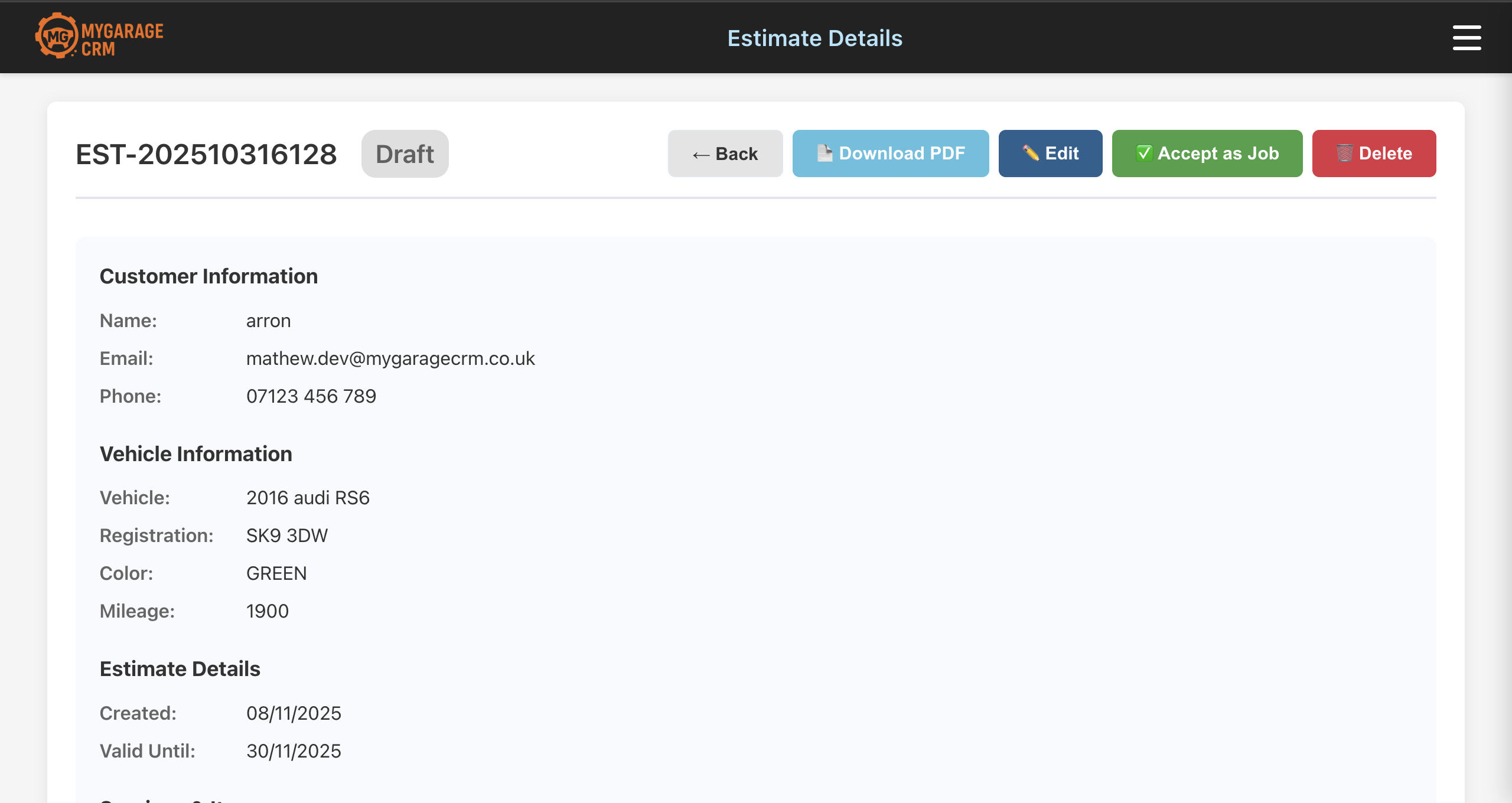 My Garage CRM estimate detail view
