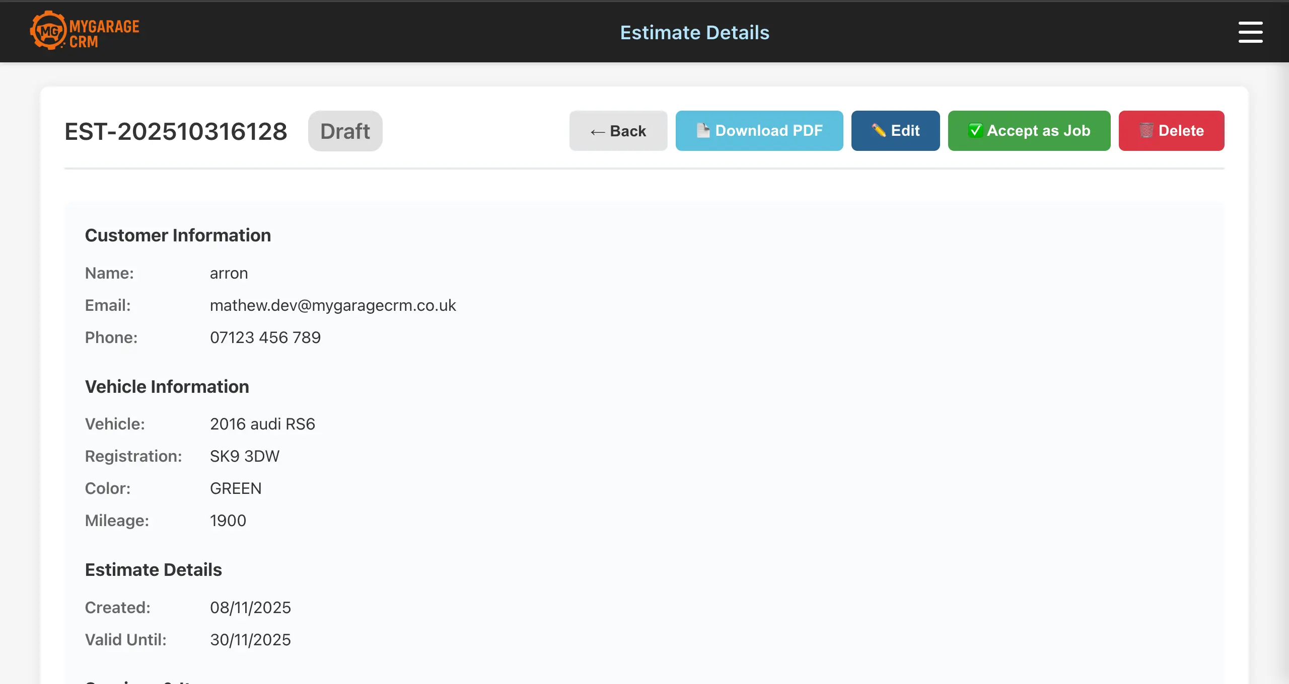 My Garage CRM estimate detail view