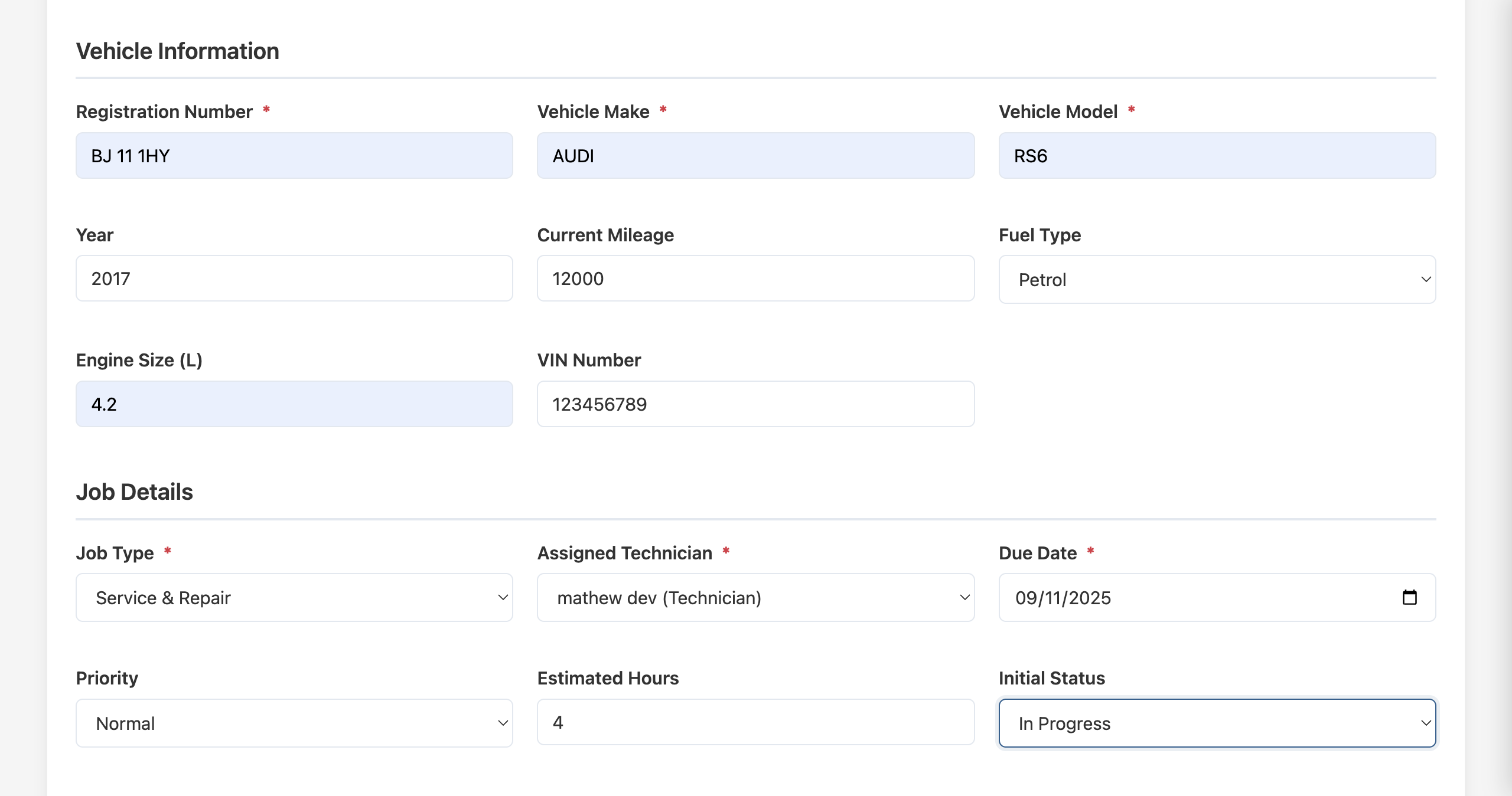 Vehicle Information Form - Registration, Make, Model Details