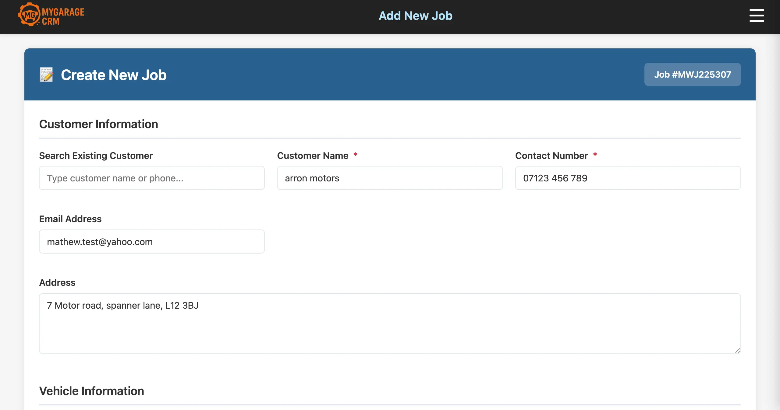My Garage CRM add a new job screen