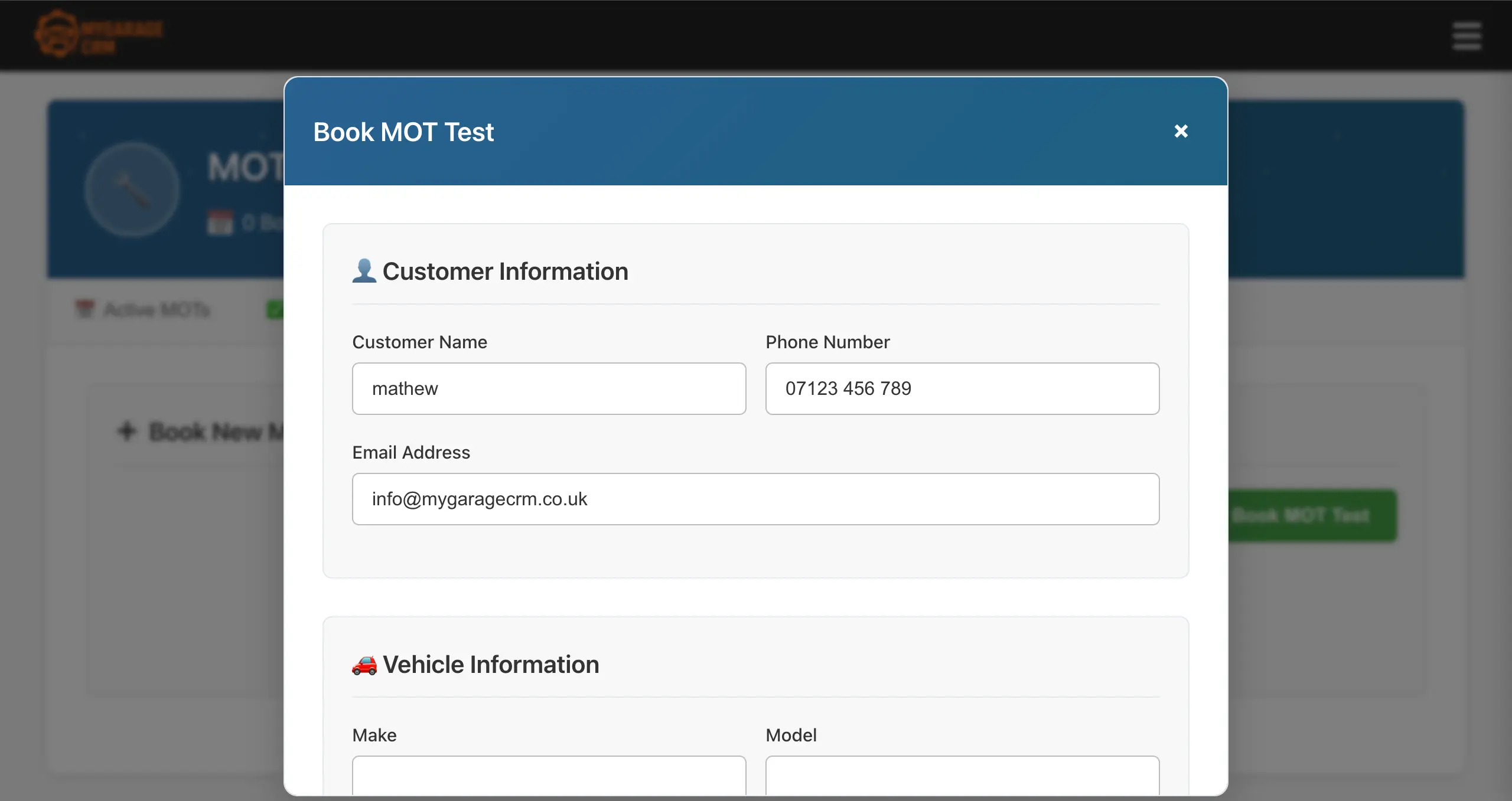 Booking an MOT test in MyGarageCRM with vehicle lookup and slot selection