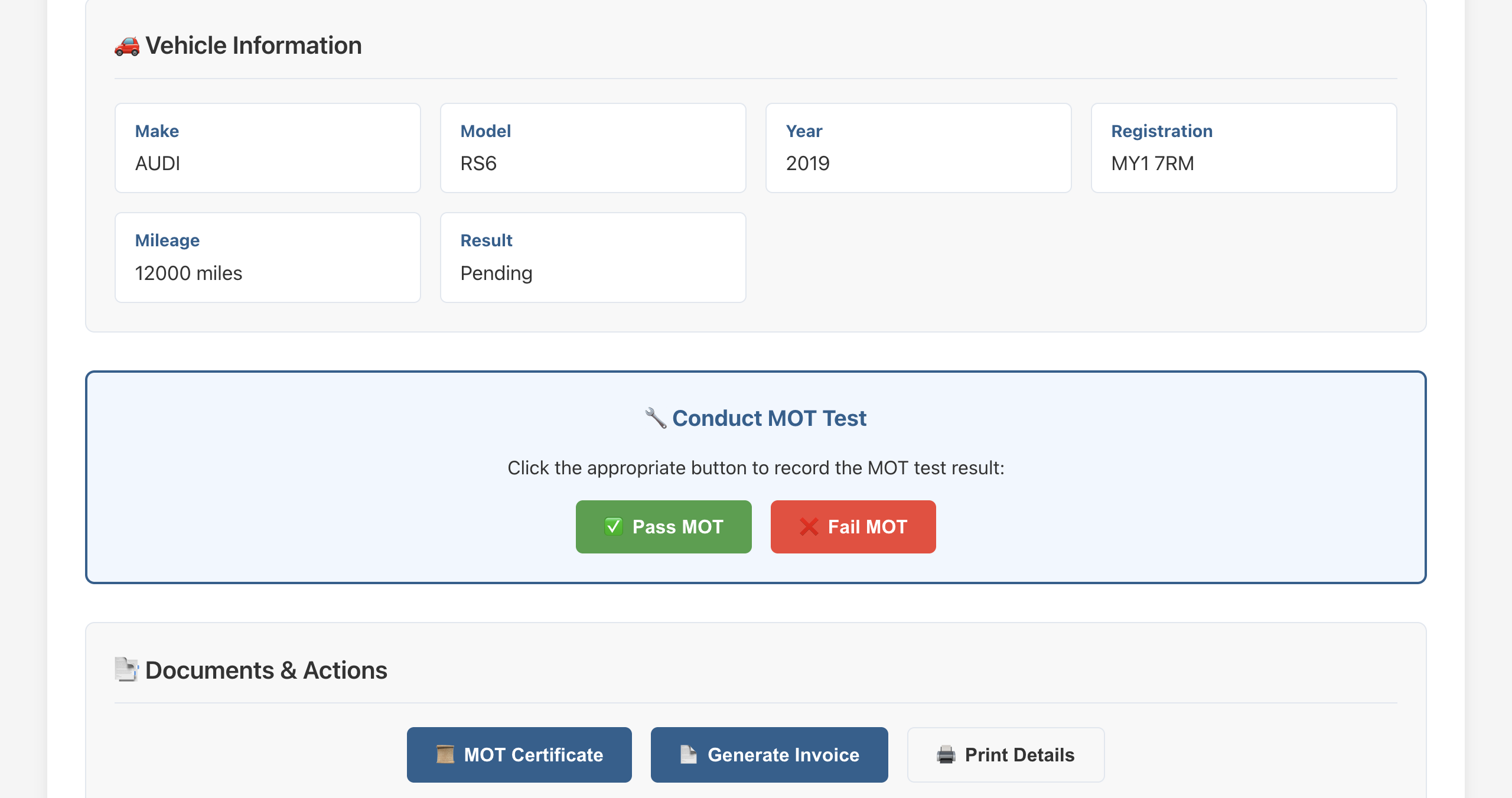My Garage CRM MOT pass or fail recording