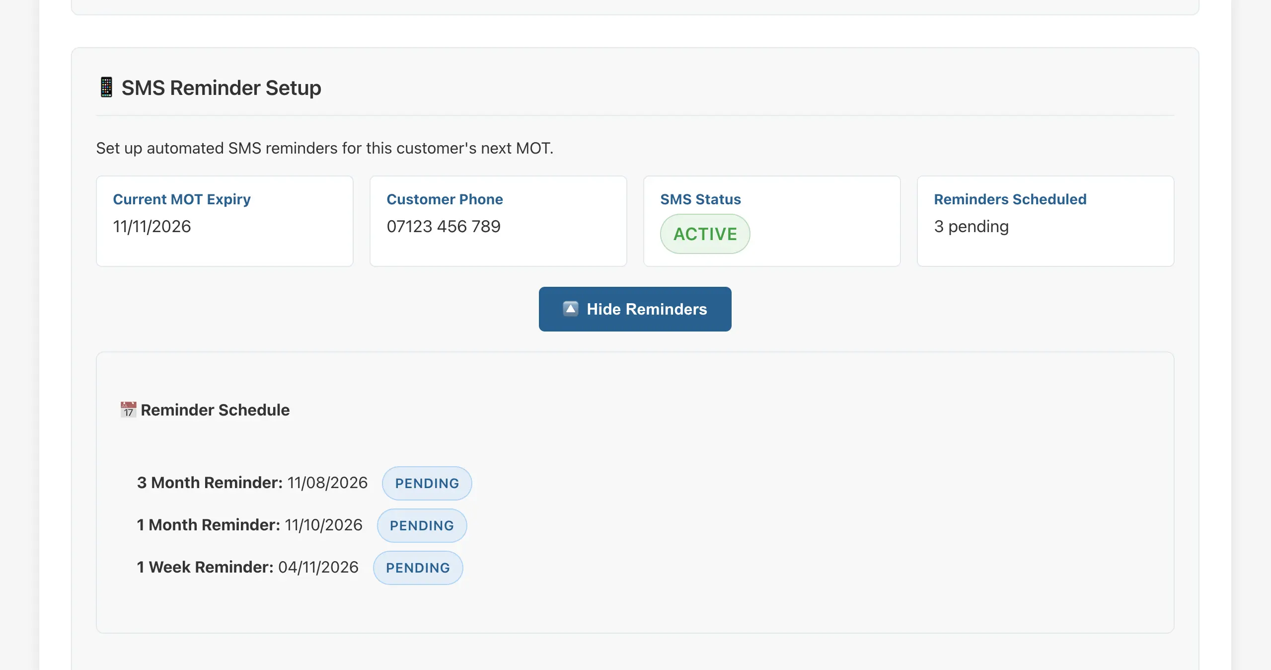 Automated MOT reminder schedule showing upcoming SMS and email messages