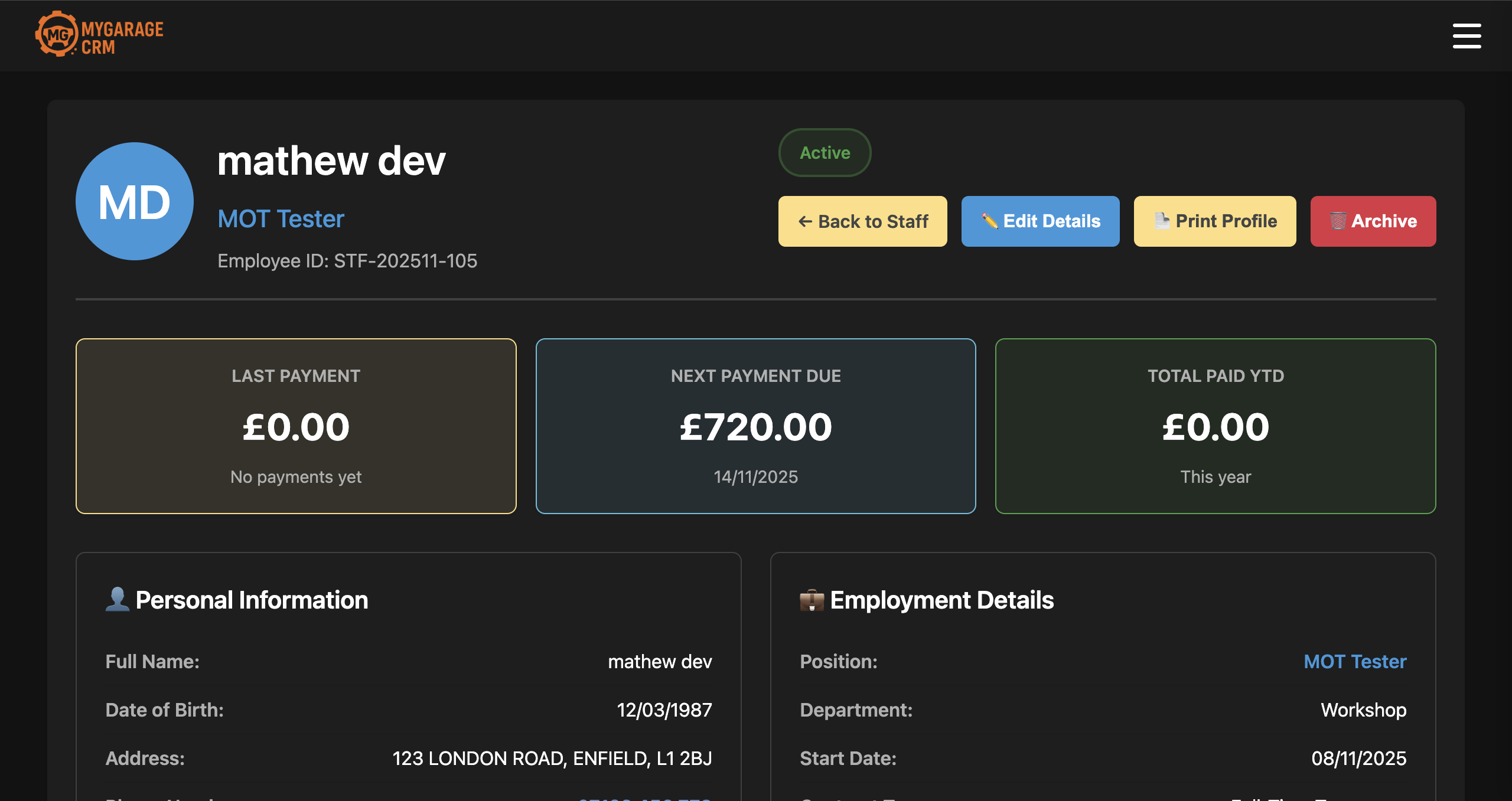 Individual Staff Profile - Wage Tracking and Personal Details Management