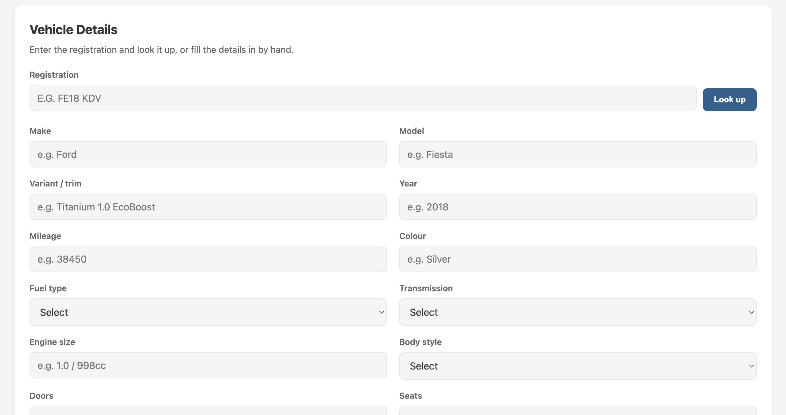 Add vehicle screen with reg lookup, costs and calculated margin