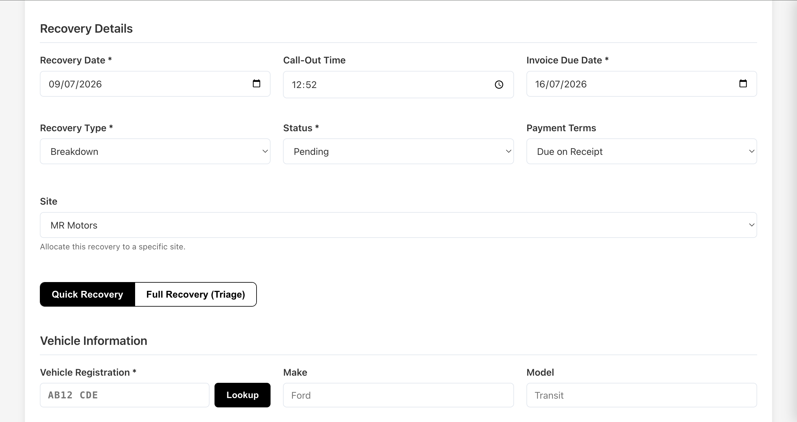 Add recovery screen with reg lookup, weight and route capture