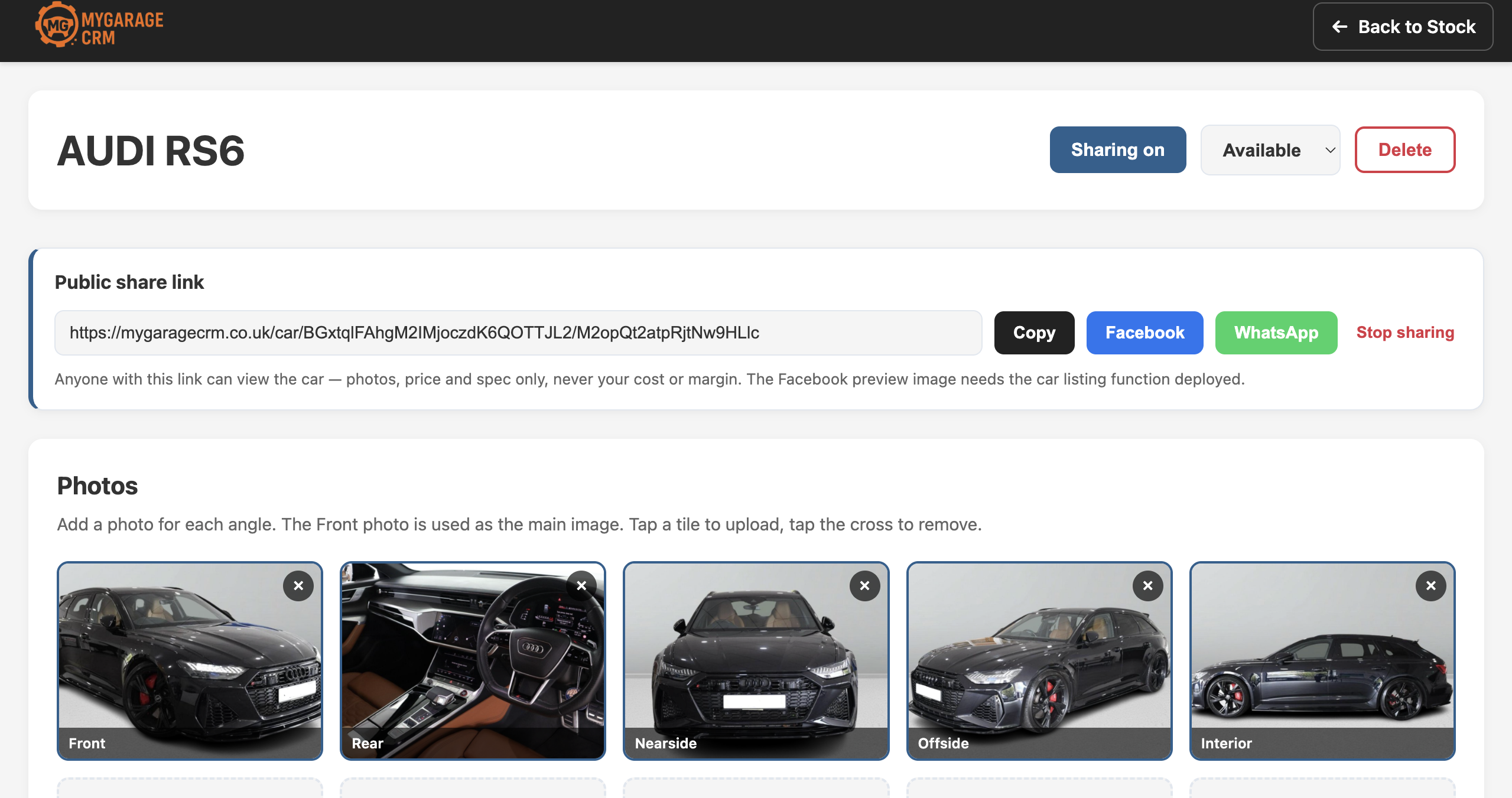 Public car listing page with photos, price and a share link for Facebook and WhatsApp