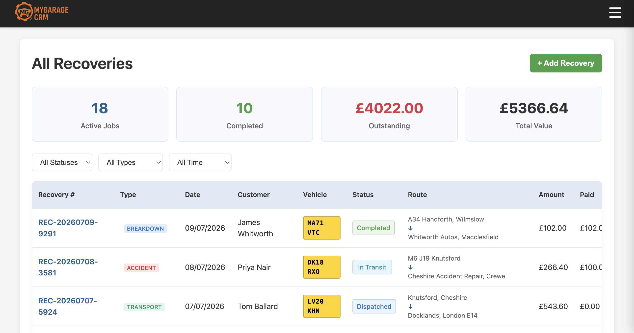 My Garage CRM recovery dashboard showing live and recent recoveries