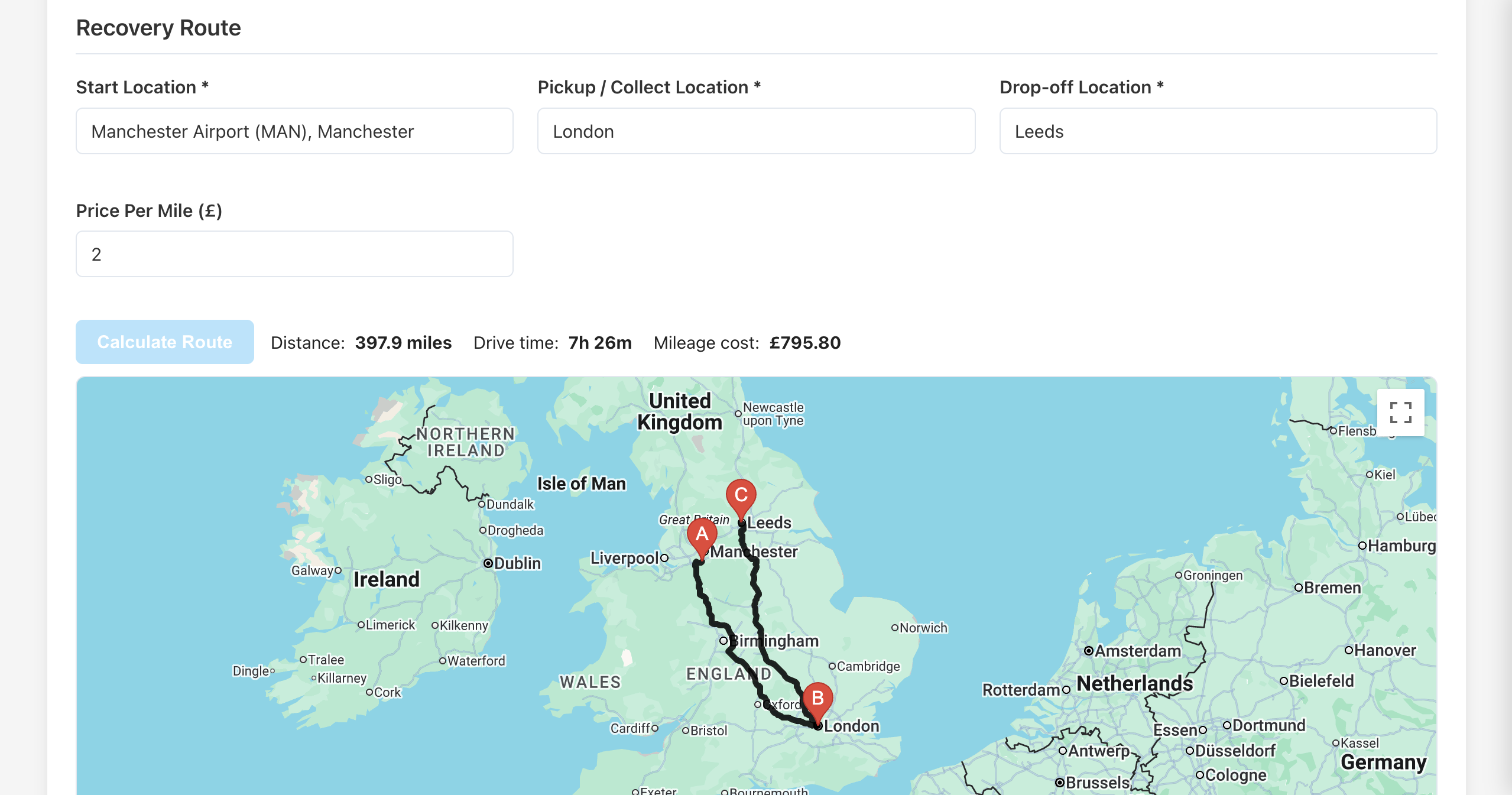 Recovery route map showing start, collection and drop-off with mileage and calculated cost